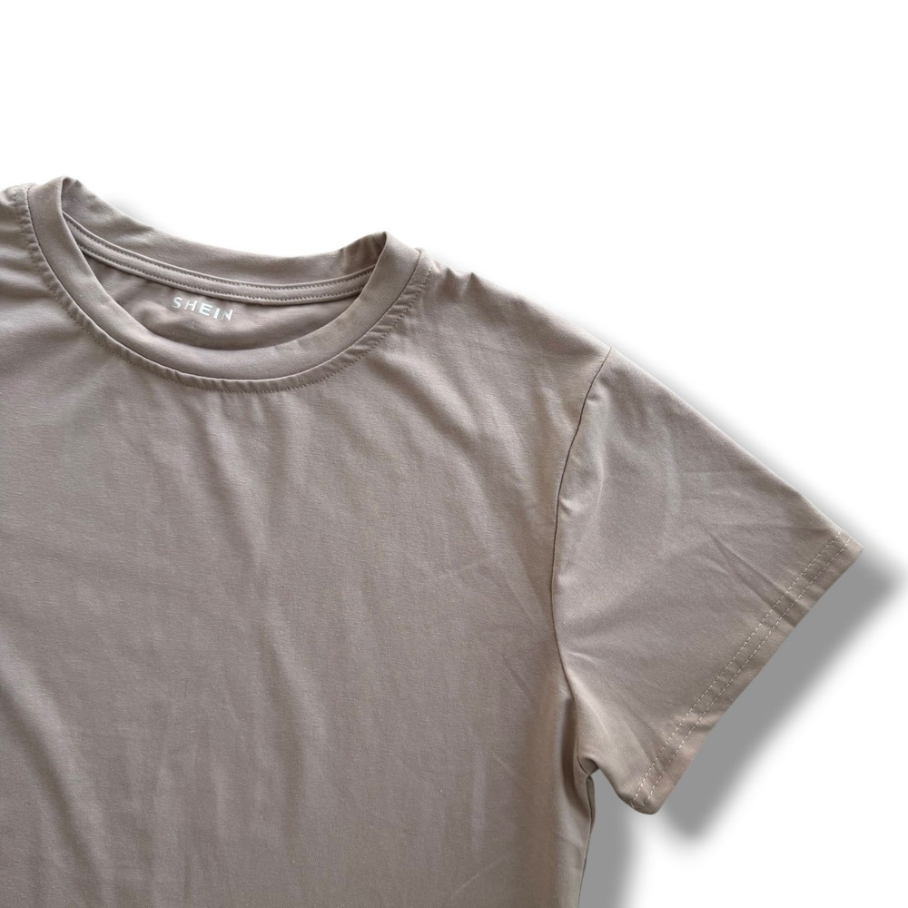 SHEIN Women's L Taupe Beige Short Sleeve Crew Neck Soft Stretchy Basic Tee Layer